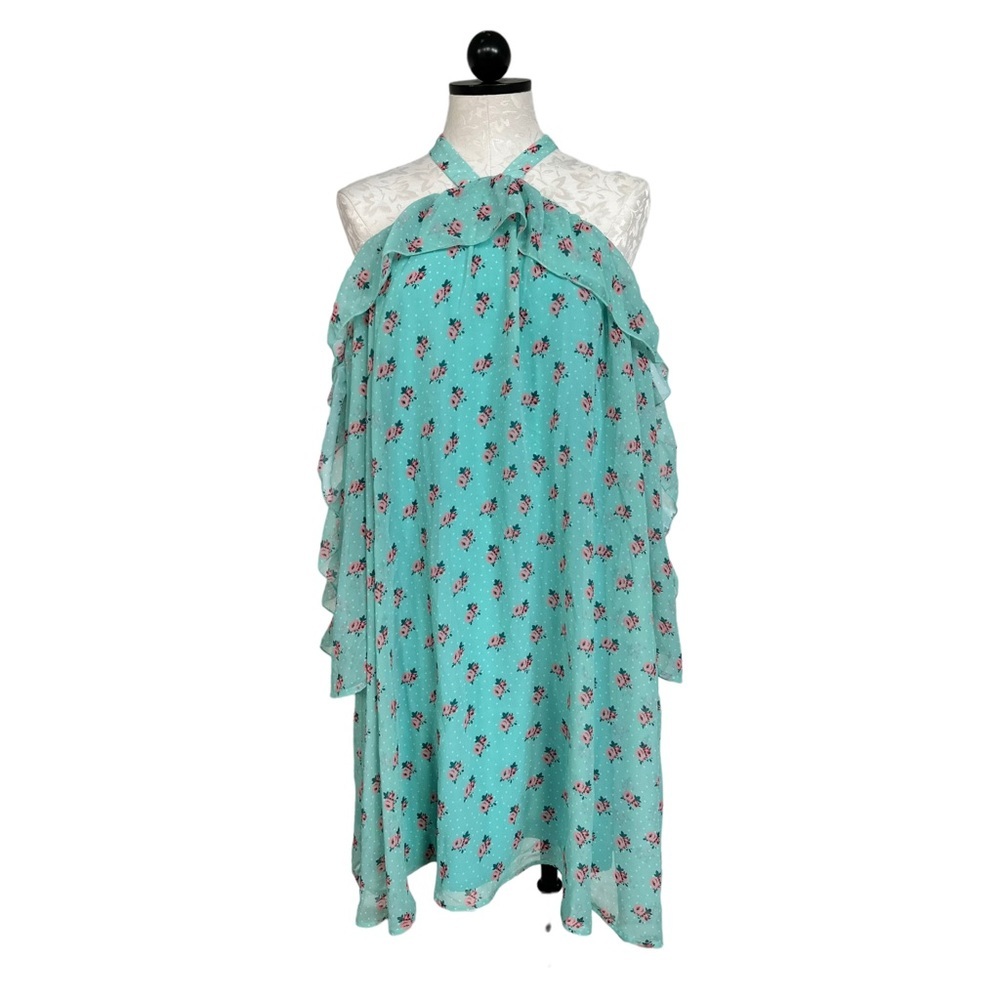 Wild Meadow Cold Shoulder Baby Doll Teal Floral Dress size XS
